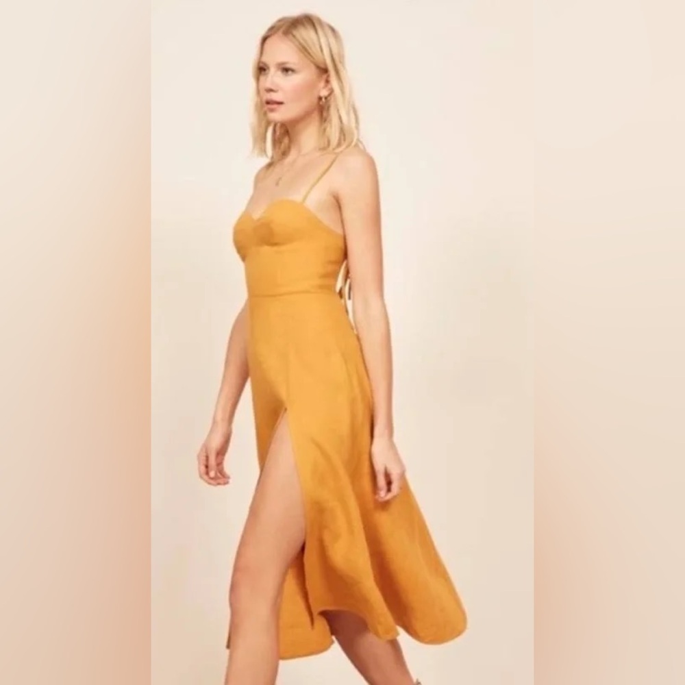 Reformation Mustard Yellow Midi Dress with Side Slit